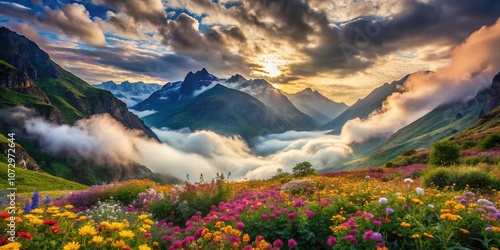 Surreal Landscape of the Valley of Flowers in Uttarakhand: A Dreamlike Vision of Vibrant Flora Under a Mystical Sky