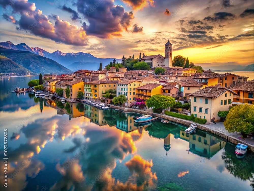 Obraz premium Surreal Landscape of Torri del Benaco on Lake Garda with Dreamlike Reflections and Whimsical Skies, Capturing the Essence of Italian Charm and Nature's Beauty in a Mystical Setting