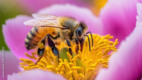 Golden Peony Elegance: HD Photography with Intricate Bee Details