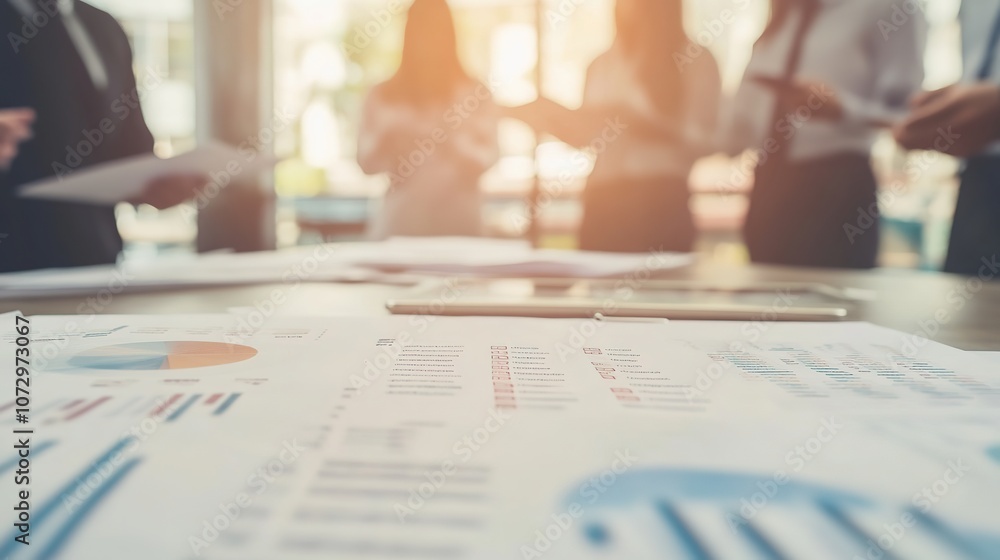 Blurry business meeting with bright light and data charts Blurry business meeting with bright light and data charts