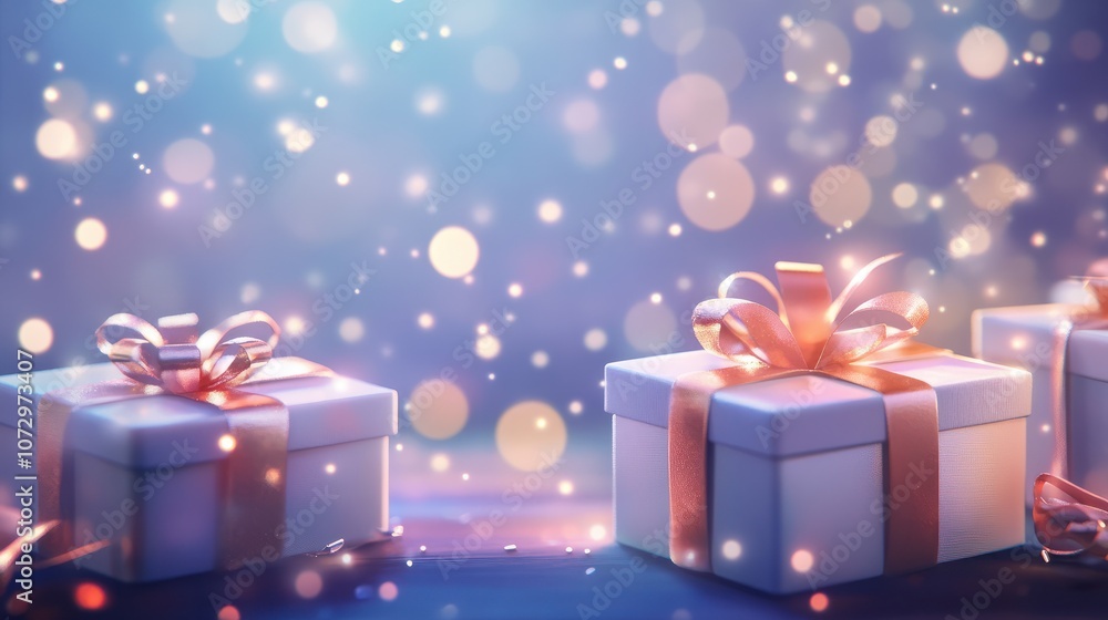 Magical holiday gift boxes with sparkling bokeh background. Festive Christmas presents, dreamy atmosphere for seasonal designs Magical holiday gift boxes with sparkling bokeh background. Festive Christmas presents, dreamy atmosphere for seasonal designs