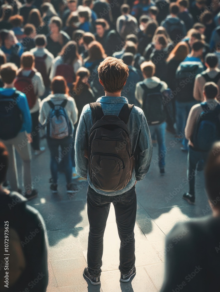 Fototapeta premium Male college student standing alone among a crowd of other students, concept of the feeling of isolation and loneliness due to mental illness