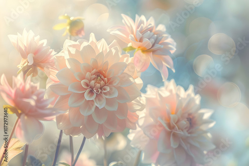 A soft pastel background featuring delicate, pale pink and cream-colored flowers like dahlias or roses, creating an ethereal atmosphere with space for text or images photo