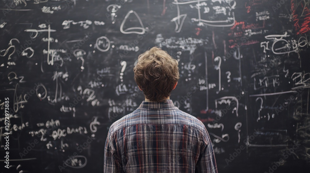 Man stands facing a blackboard covered in question marks and scribbles. Man stands facing a blackboard covered in question marks and scribbles.