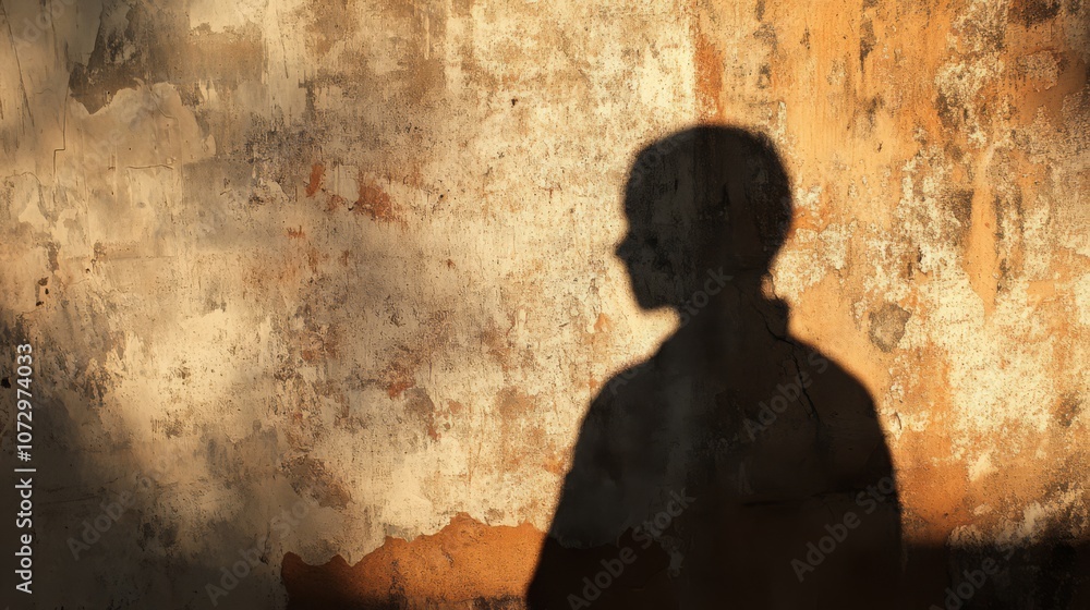 A shadowy figure on a textured, crumbling wall. A shadowy figure on a textured, crumbling wall.