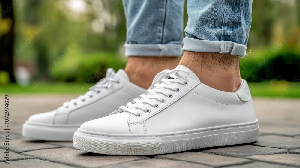 Summer shoes for men. Male legs in white leather sneakers, close-up. An assortment of leather shoes for men
Summer shoes for men. Male legs in white leather sneakers, close-up. An assortment of leather shoes for men