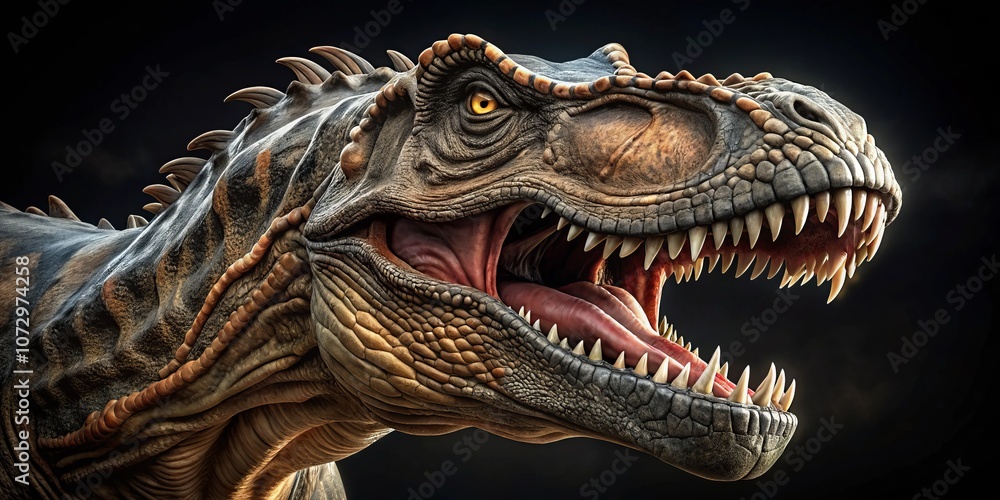 Close-Up Portrait of a Roaring T-Rex Dinosaur Isolated on Background - Perfect for Educational Materials, Illustrations, and Creative Projects Close-Up Portrait of a Roaring T-Rex Dinosaur Isolated on Background - Perfect for Educational Materials, Illustrations, and Creative Projects