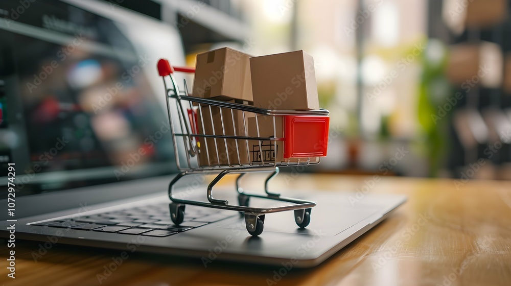 Product package boxes and shopping bag in cart with laptop computer which web store shop on screen for online shopping and delivery concept with miniature shopping cart standing in front of laptop Product package boxes and shopping bag in cart with laptop computer which web store shop on screen for online shopping and delivery concept with miniature shopping cart standing in front of laptop