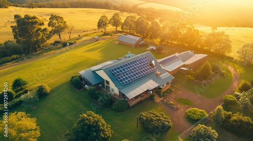 A spacious farm with a traditional farmhouse, its roof fitted with solar panels, converting bright sunlight into electricity to run the household and farm equipment 8K Resolution photo