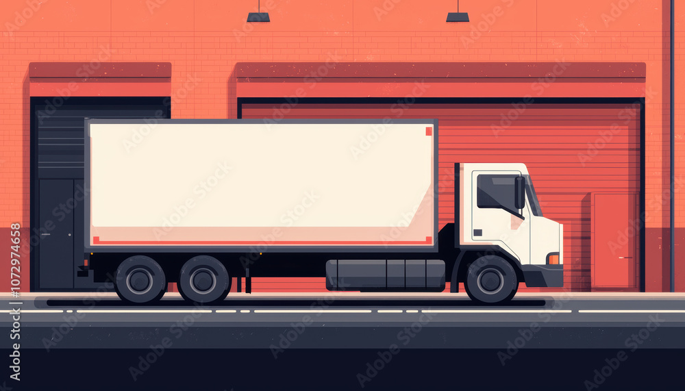 A side view of a delivery truck parked beside a red warehouse, showcasing the truck's large cargo space and the industrial environment. A side view of a delivery truck parked beside a red warehouse, showcasing the truck's large cargo space and the industrial environment.