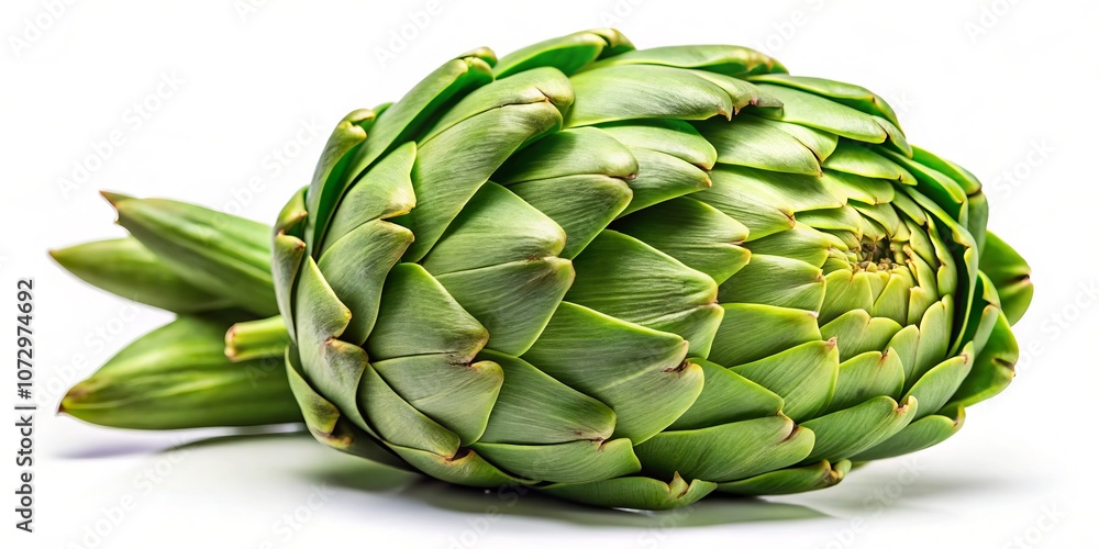 Fototapeta premium Closeup Portrait of a Whole Green Artichoke on White Background, Showcasing the Intricate Details and Unique Texture of French Artichoke, Perfect for Culinary and Botanical Themes