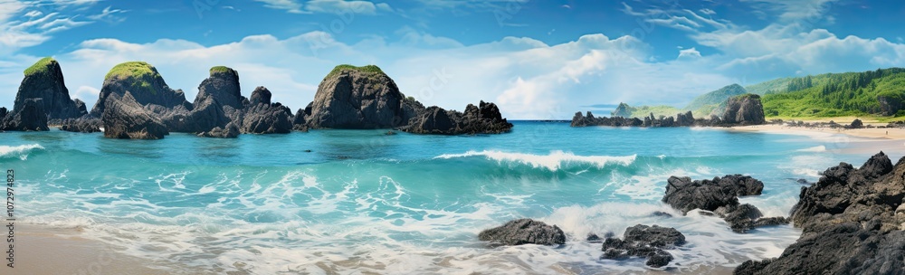 Rocky beach with green cliffs and blue waves.