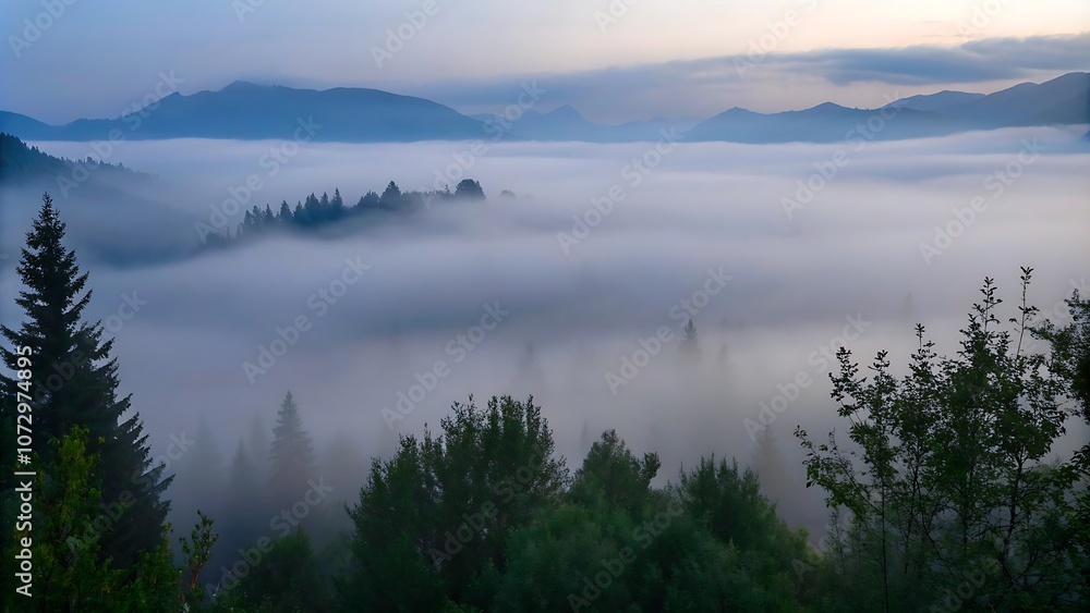Fototapeta premium Fog over mountains with a beautiful forest