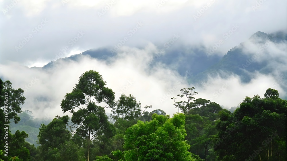 Fototapeta premium Fog over mountains with a beautiful forest