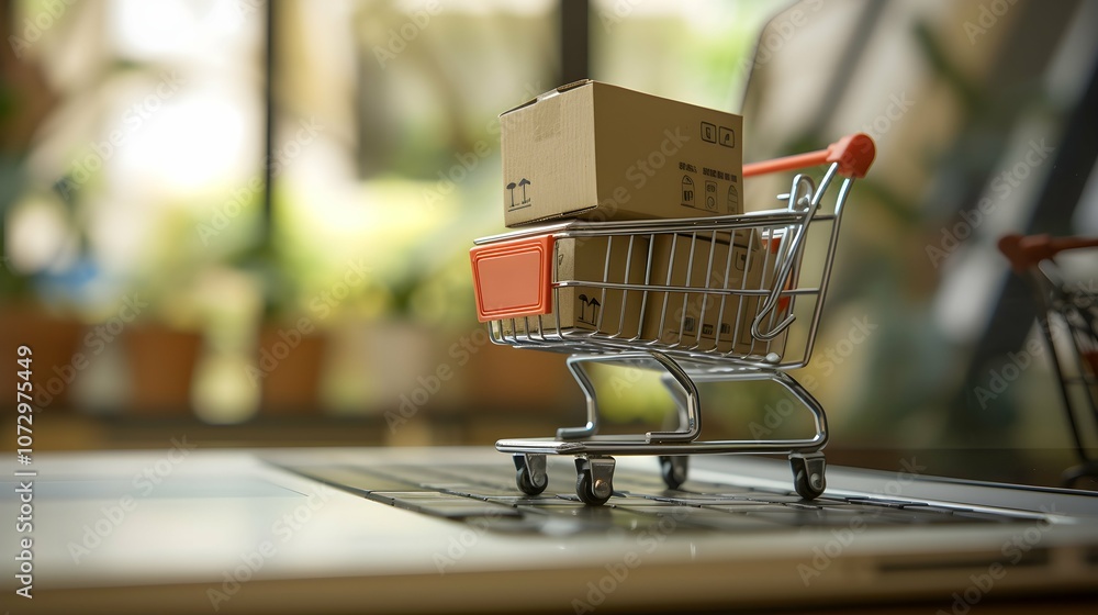 Product package boxes and shopping bag in cart with laptop computer which web store shop on screen for online shopping and delivery concept with miniature shopping cart standing in front of laptop Product package boxes and shopping bag in cart with laptop computer which web store shop on screen for online shopping and delivery concept with miniature shopping cart standing in front of laptop