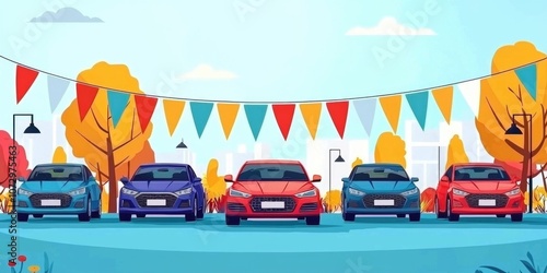 Car sales event with banners and promotional materials for discounts and offers.
