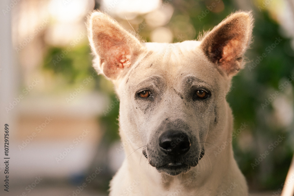 White male dog looking at camera, dog with anxiety White male dog looking at camera, dog with anxiety