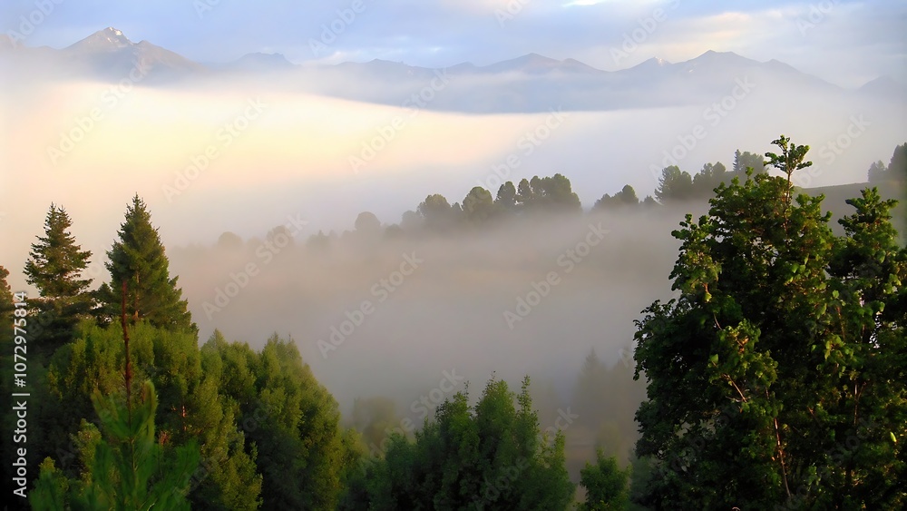 Fog over mountains with a beautiful forest Fog over mountains with a beautiful forest