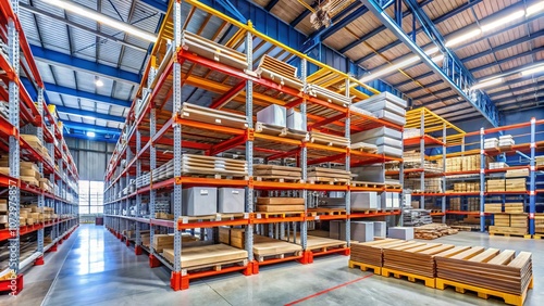 Construction Materials for Shelving Systems in Distribution Warehouse with Left Position Main Subject and Ample Copy Space for Creative Design and Marketing Use