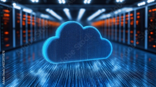 Futuristic cloud computing concept with blue glowing cloud in a digital server room. photo