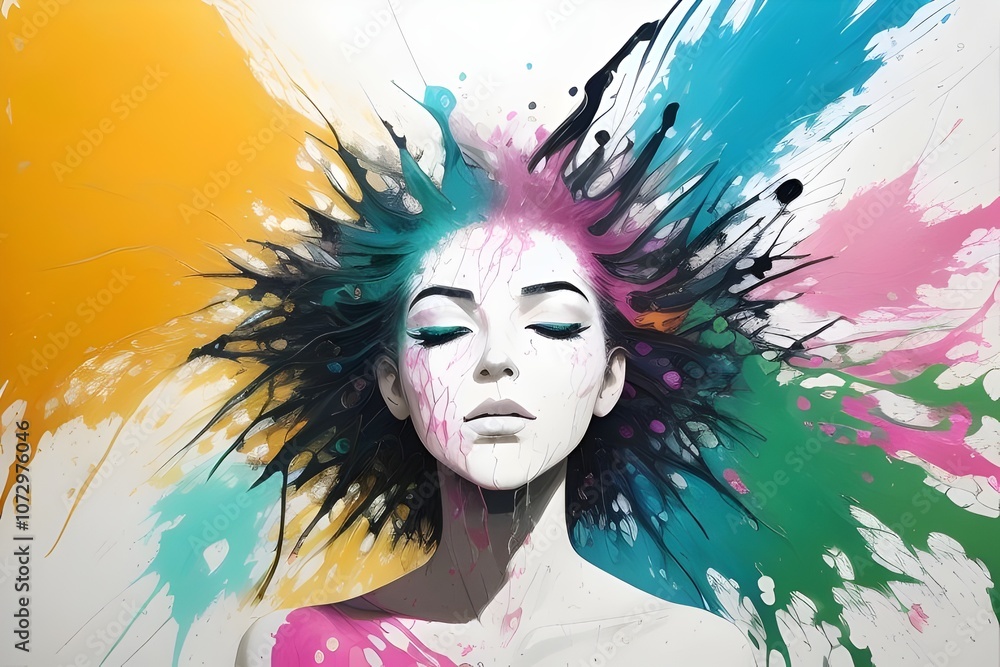 illustration of a beautiful young woman covered in vibrant bright paint splatters, drips, colorful, abstract, art, portrait, beauty, creativity, splashes, bold, artistic, makeup, expression, modern illustration of a beautiful young woman covered in vibrant bright paint splatters, drips, colorful, abstract, art, portrait, beauty, creativity, splashes, bold, artistic, makeup, expression, modern
