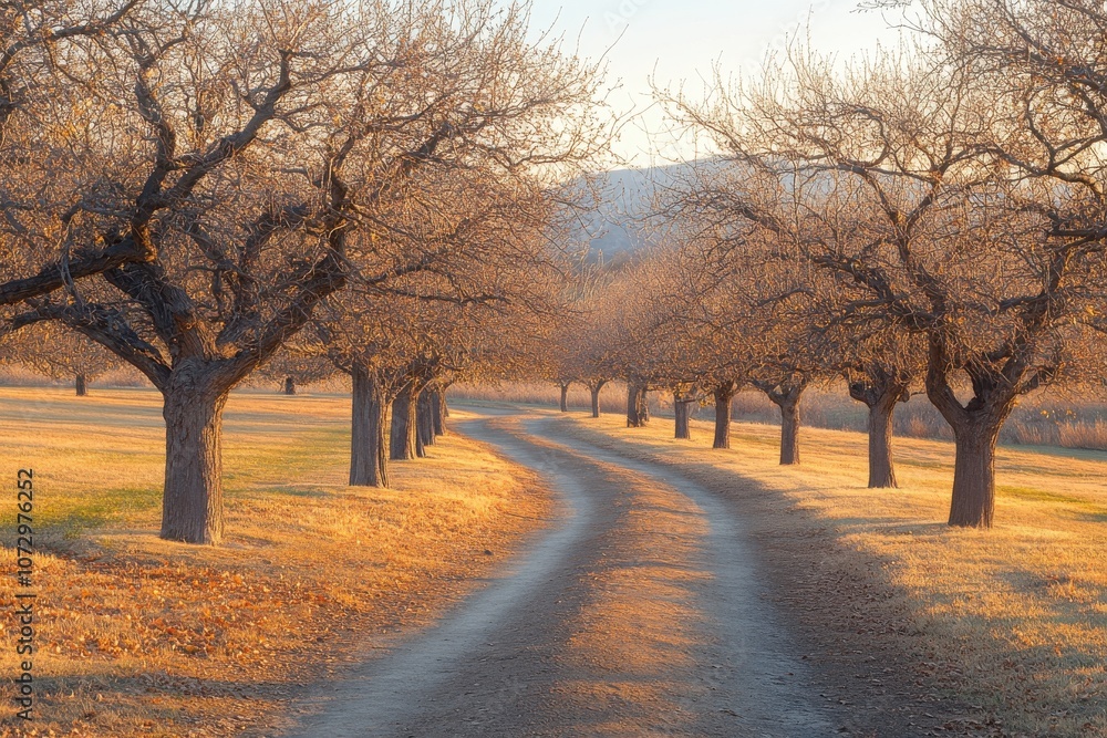 Serene Dirt Path Through Trees at Golden Hour Light Serene Dirt Path Through Trees at Golden Hour Light