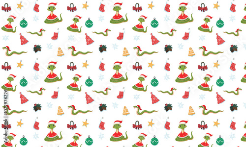 beautiful christmas pattern with snakes and new year elements, 2025, year of the snake