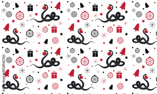 beautiful christmas pattern with snakes and new year elements, 2025, year of the snake