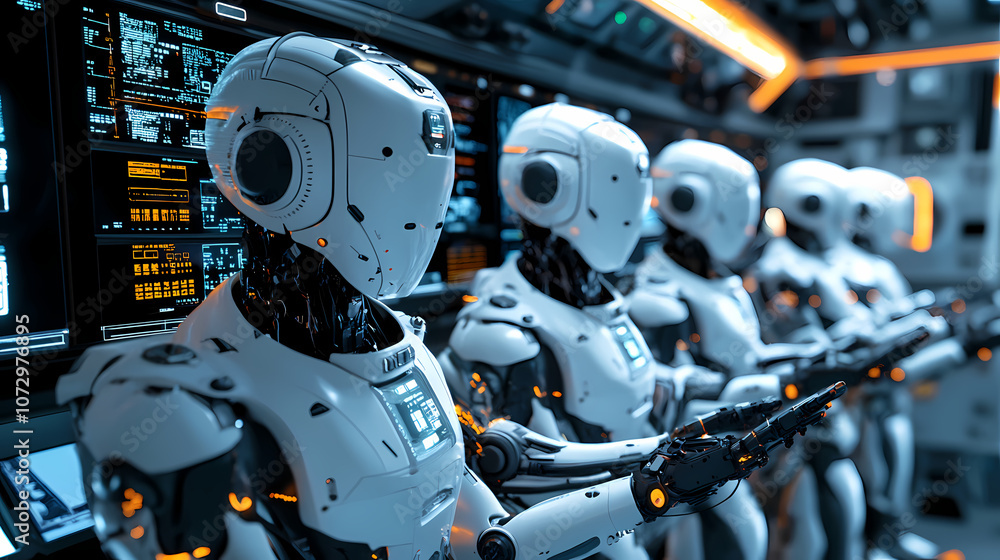 White Robots with Intricate Gray and Beige Facial Details in a High-Tech Office Environment – High-Definition, Hyper-Realistic Sci-Fantasy Style
White Robots with Intricate Gray and Beige Facial Details in a High-Tech Office Environment – High-Definition, Hyper-Realistic Sci-Fantasy Style