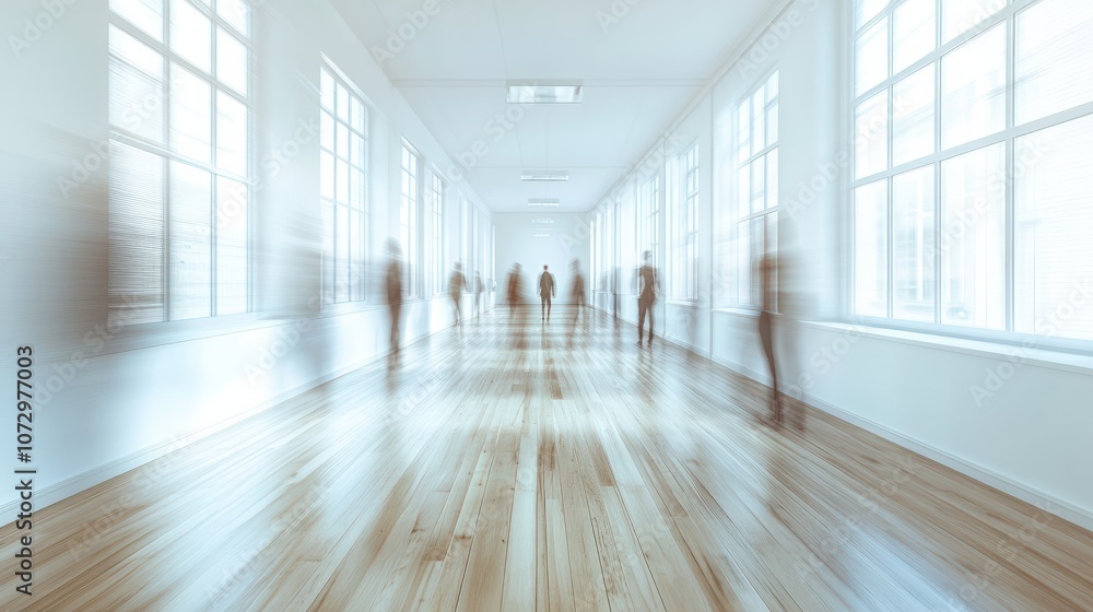 Obraz premium Modern open-plan office space with blurred figures moving through a bright, airy environment featuring white walls, wooden floors, and stylish lighting.