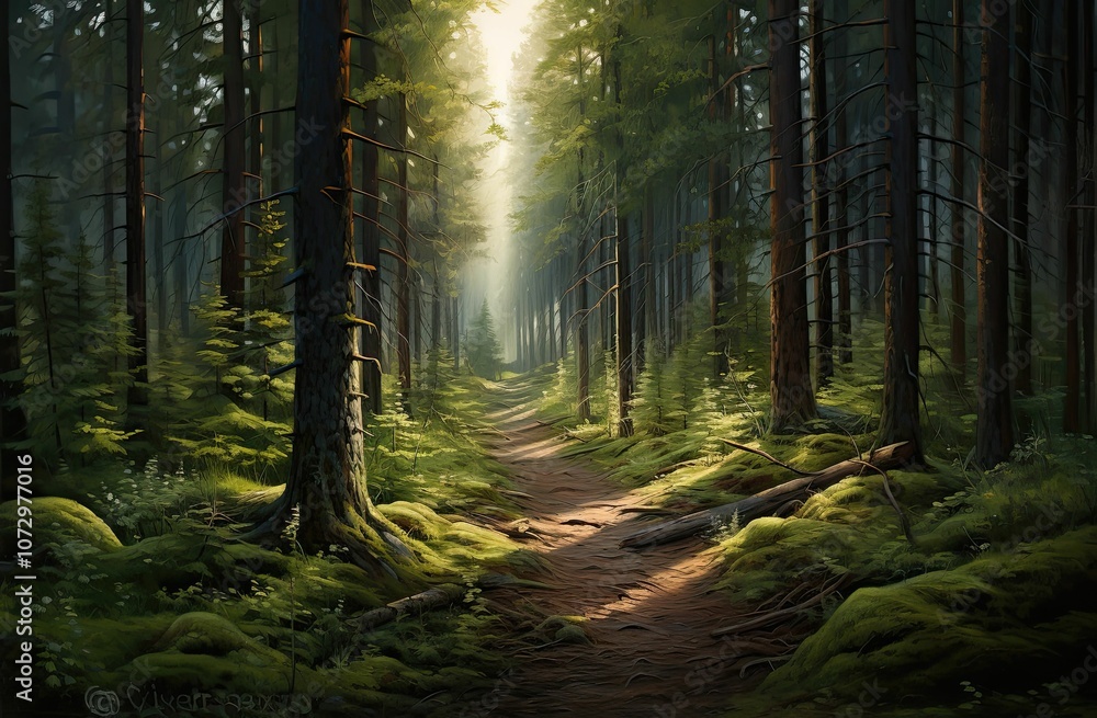 Obraz premium Sunlit path through mossy forest.