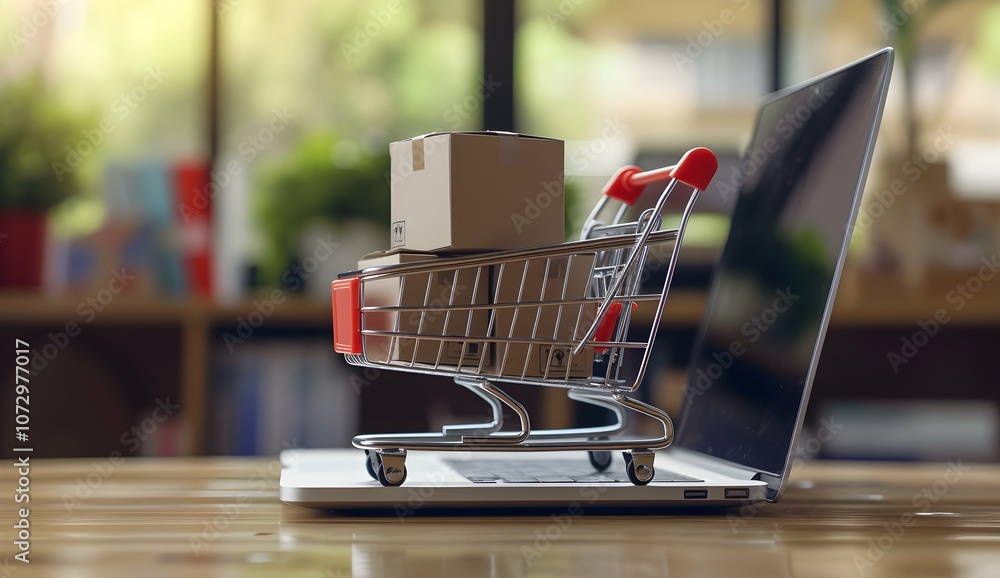 Product package boxes and shopping bag in cart with laptop computer which web store shop on screen for online shopping and delivery concept with miniature shopping cart standing in front of laptop Product package boxes and shopping bag in cart with laptop computer which web store shop on screen for online shopping and delivery concept with miniature shopping cart standing in front of laptop