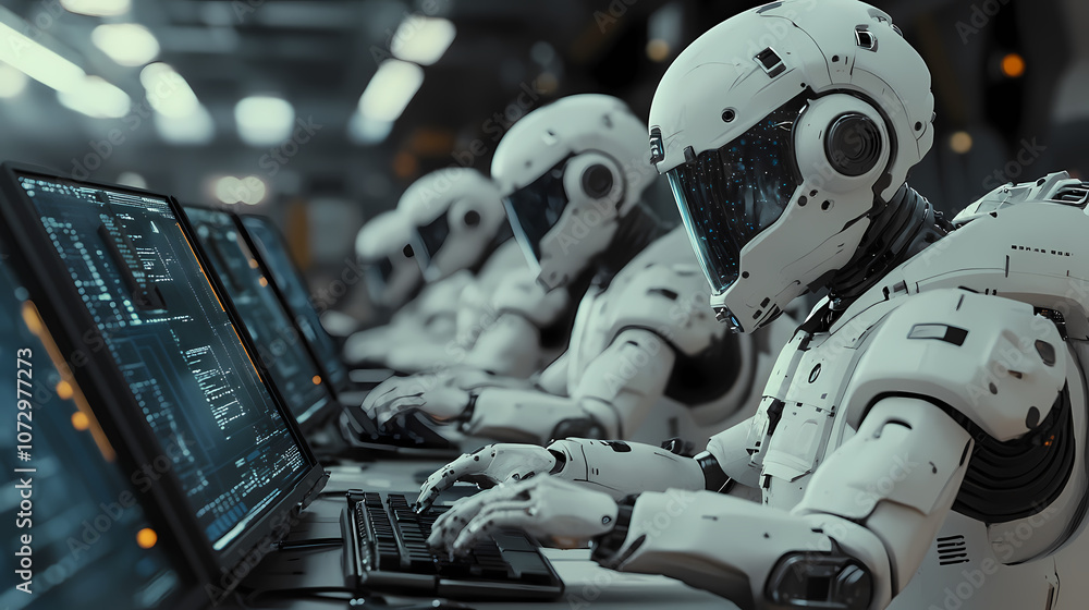 Fototapeta premium Group of White Humanoid Robots with Dark Gray and Light Beige Facial Features Working at Desks in a Modern Futuristic Office – High-Resolution Sci-Fi Movie Scene Style