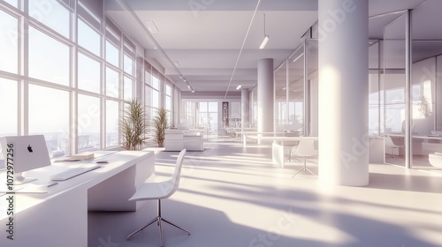 Modern open-plan office space with white desks and chairs, large windows allowing natural light, and minimalistic decor. The clean and organized environment