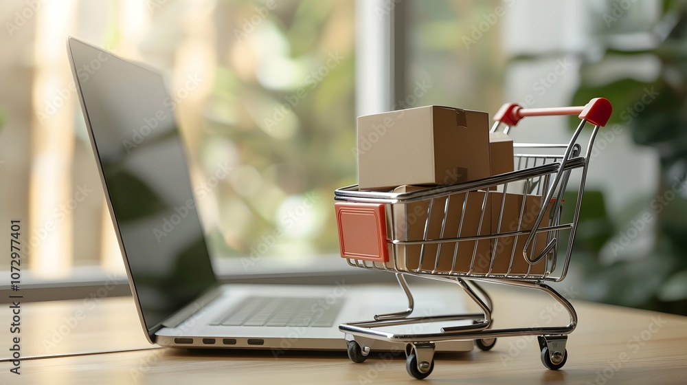 Product package boxes and shopping bag in cart with laptop computer which web store shop on screen for online shopping and delivery concept with miniature shopping cart standing in front of laptop Product package boxes and shopping bag in cart with laptop computer which web store shop on screen for online shopping and delivery concept with miniature shopping cart standing in front of laptop