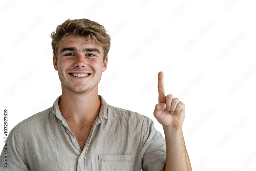 Happy young man in a casual shirt smiling and pointing upward with one finger, suggesting an idea or important information on a plain background.
Happy young man in a casual shirt smiling and pointing upward with one finger, suggesting an idea or important information on a plain background.