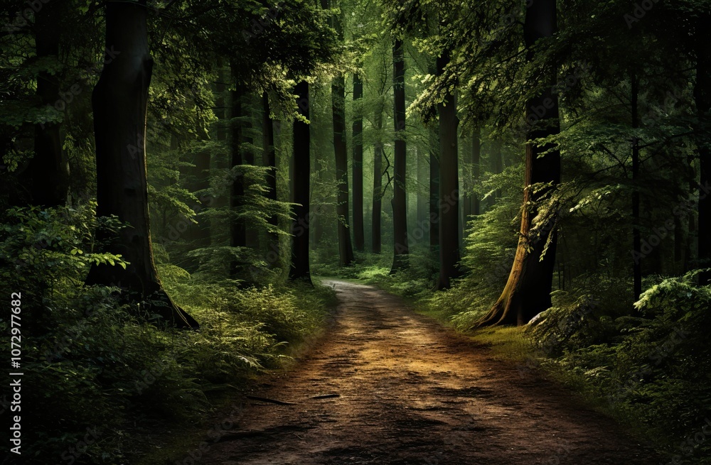 Obraz premium A path through a dense, shadowy forest.