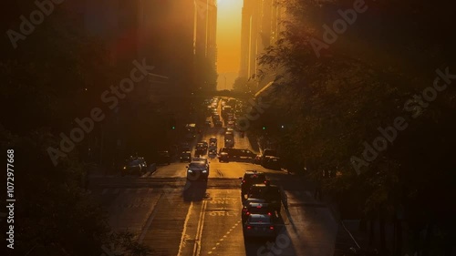 Glorious Sunset Illuminating Urban Canyon Creates Captivating and Magical Scene