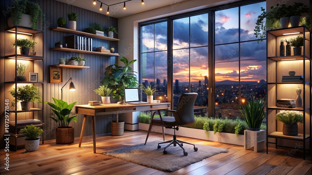 Cozy Workspace with Modern Decor and Natural Light at Night Highlighting Warm Ambiance and Contemporary Design Elements for an Inspiring Work Environment Cozy Workspace with Modern Decor and Natural Light at Night Highlighting Warm Ambiance and Contemporary Design Elements for an Inspiring Work Environment