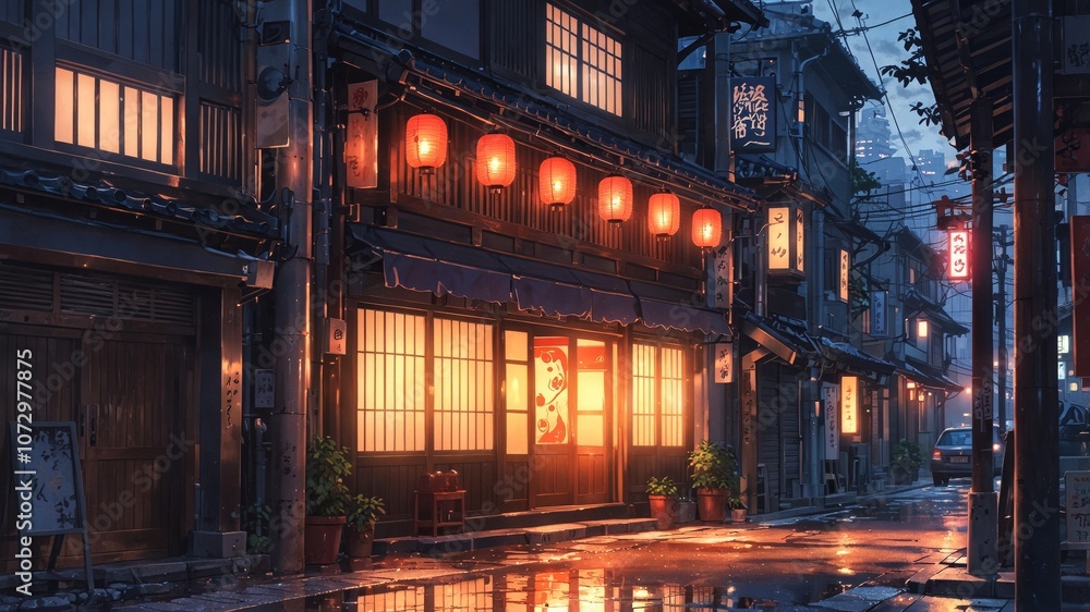 Obraz premium Cozy Tokyo Street Scene with Lanterns and Reflections