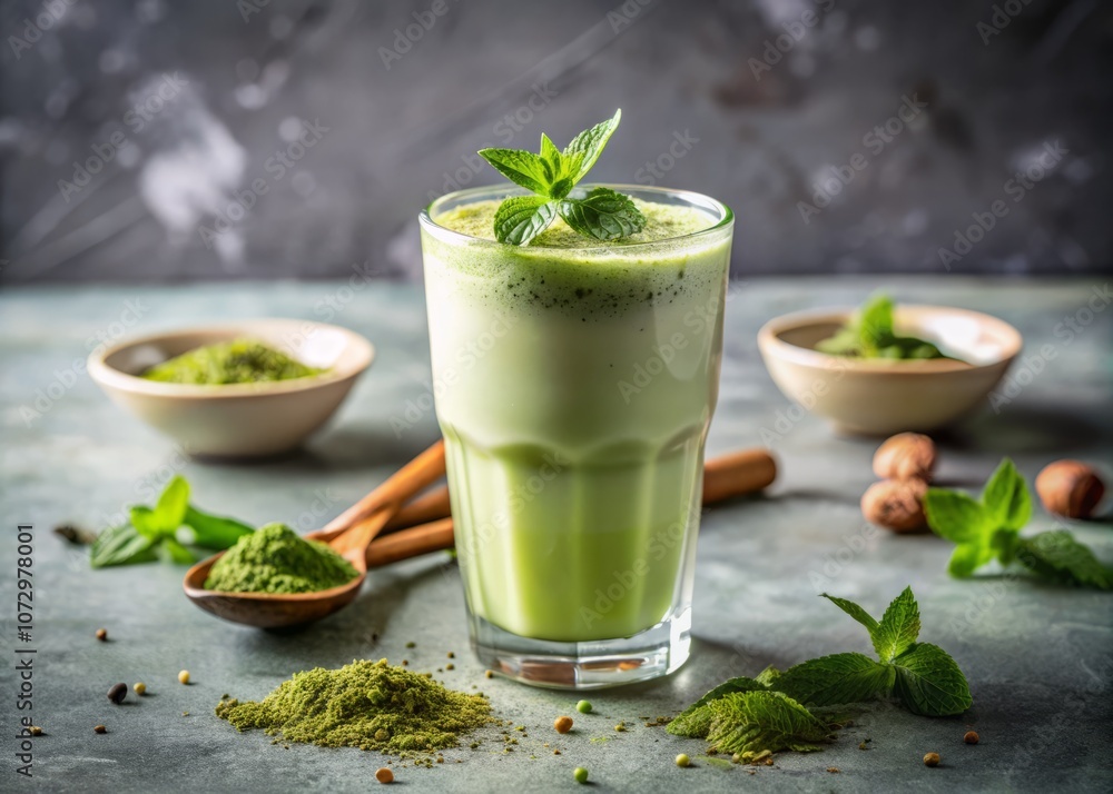 Creamy Matcha Smoothie in Low Light with Natural Elements, Showcasing a Refreshing Drink Experience Surrounded by Matcha Powder and Green Tea Leaves for a Relaxed Vibe Creamy Matcha Smoothie in Low Light with Natural Elements, Showcasing a Refreshing Drink Experience Surrounded by Matcha Powder and Green Tea Leaves for a Relaxed Vibe