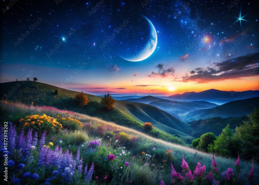 Crescent Moon Over Dreamy Hills: A Serene Landscape with Glowing Flora and a Starry Sky for Urban Exploration Photography Crescent Moon Over Dreamy Hills: A Serene Landscape with Glowing Flora and a Starry Sky for Urban Exploration Photography