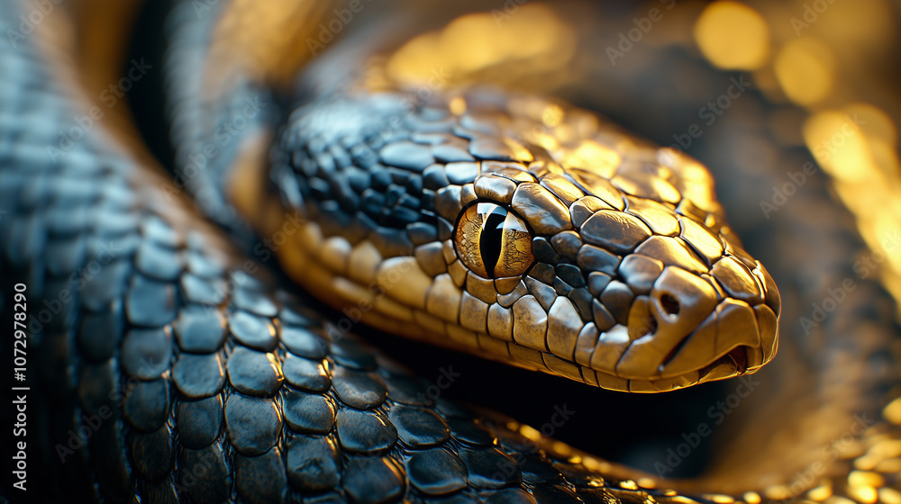 Snake coiled with textured scales in black and gold lighting Snake coiled with textured scales in black and gold lighting