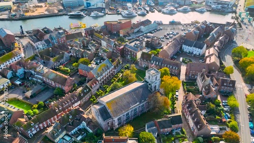 Aerial view of Poole, a coastal town in Dorset, southern England, known for its large natural harbour and sandy beaches, UK