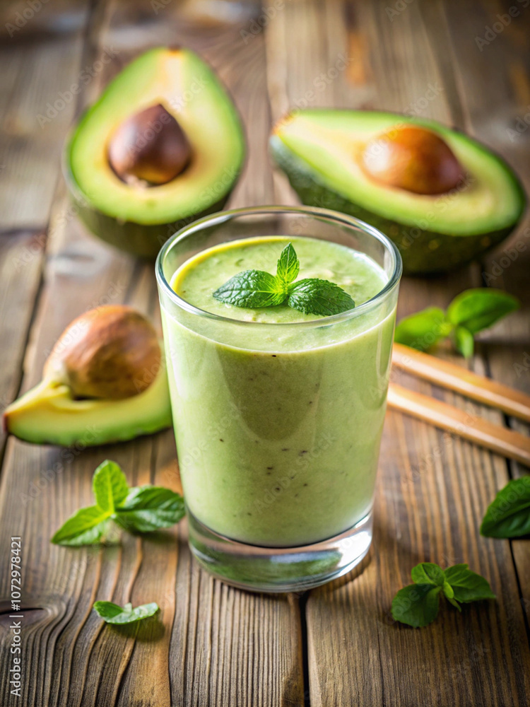 Avocado milk smoothie in the glass on the wooden table Avocado milk smoothie in the glass on the wooden table