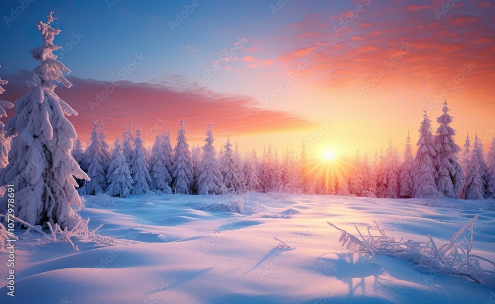 Snow covered forest, sunrise, pink sky. Snow covered forest, sunrise, pink sky.