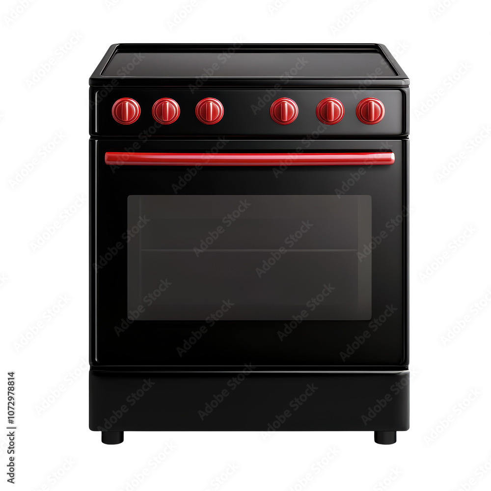 A sleek black oven with red knobs, designed for modern kitchens, featuring a glass door and multiple cooking functionalities. A sleek black oven with red knobs, designed for modern kitchens, featuring a glass door and multiple cooking functionalities.