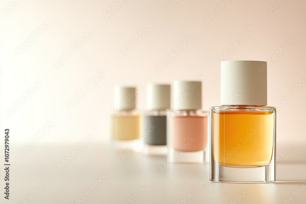 Elegant perfume bottles lined up with warm tones Elegant perfume bottles lined up with warm tones