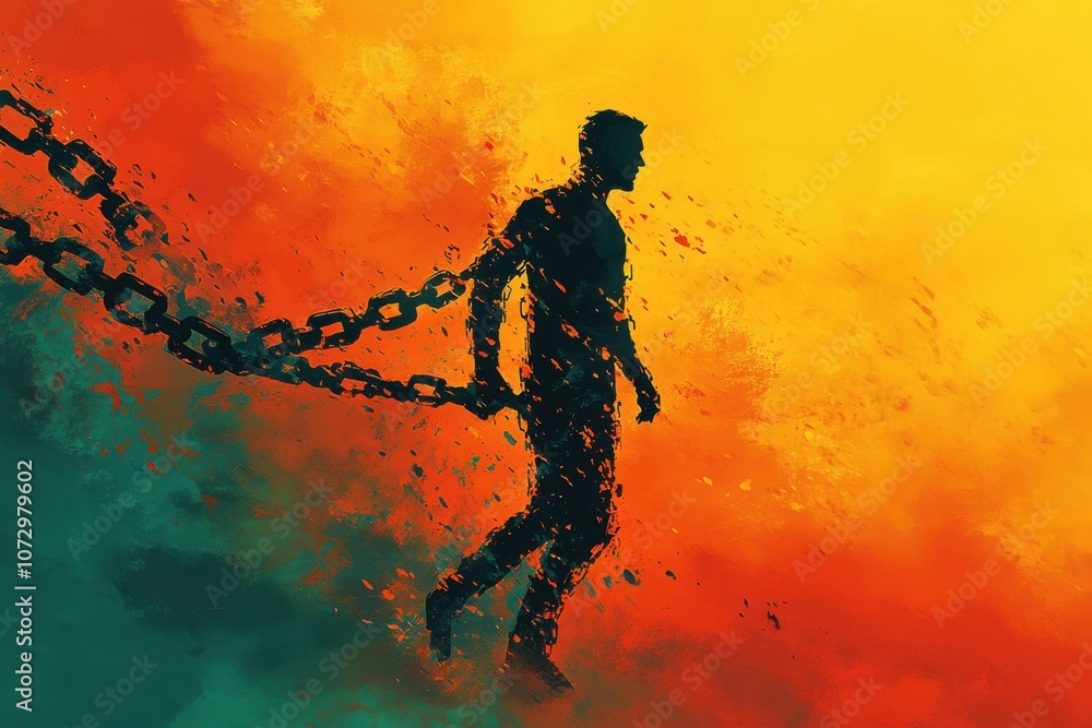 Fototapeta premium A silhouette of a person walking away from a broken chain, symbolizing freedom and resilience, set against a vibrant, colorful background.