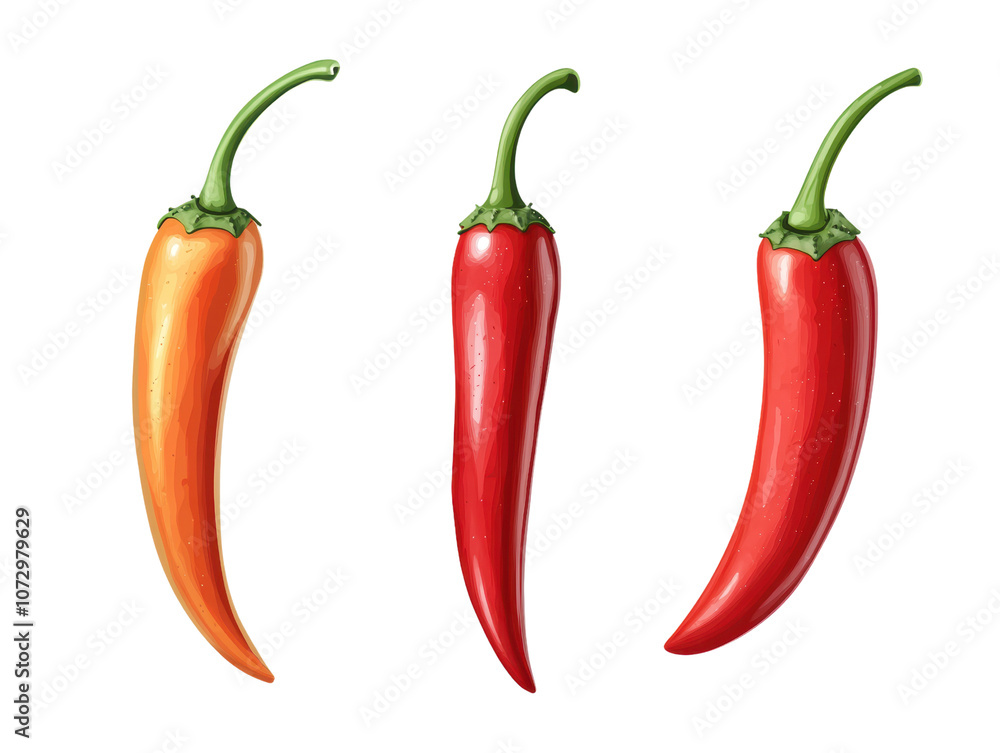 Three chili peppers in varying shades of orange and red, showcasing their distinct shapes and spicy characteristics.